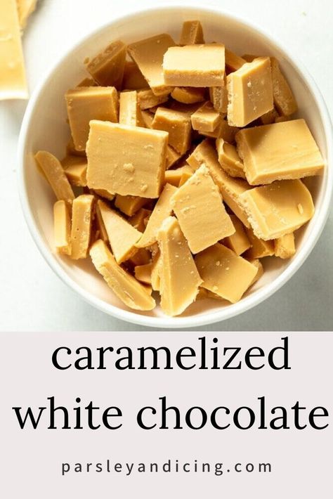 Make this easy recipe for delicious Caramelized White Chocolate! It has a deeper, richer flavor than regular white chocolate and is made using just one ingredient. Use it to make cookies, ganache, and more! Caramelized White Chocolate Ganache, Ghirardelli White Chocolate Recipes, How To Make White Chocolate, Diy White Chocolate, Cake Magic, Caramel Ganache, Caramelized White Chocolate, White Chocolate Sauce, White Chocolate Recipes