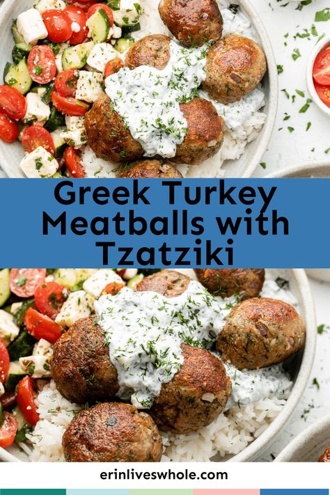 If you want to enjoy the delicious and healthy flavors of the Mediterranean, try making some Greek turkey meatballs! This recipe is absolutely delicious and really easy to make. Served up with a homemade tzatziki sauce, this meal is perfect for meal prep bowls or salads. Greek Turkey Meatballs With Tzatziki, Ground Turkey Greek Bowl, Mediterranean Meatball Recipes, Turkey Greek Meatballs, Greek Beef Meatballs, Easy Entrees, Greek Meatballs Recipe, Greek Turkey Meatballs, Greek Dinner