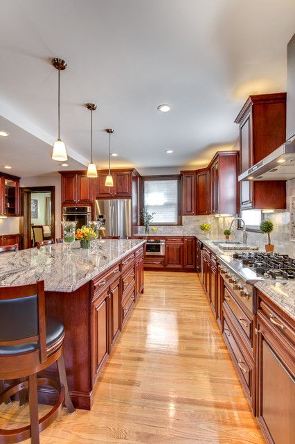 Granite Countertops With Cherry Cabinets, Countertops With Cherry Cabinets, Cherry Wood Kitchens, Stone Projects, White Granite Countertops, Kitchen Cabinets And Countertops, Cherry Kitchen, Oak Kitchen Cabinets, Dream Kitchens Design