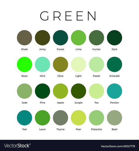 Color Palette And Names, Different Green Colors Shades, Green Colors Shades, Shades Of Green Names, Green Color Shades, Green Color Names, Color Knowledge, Green Name, Green Color Palette