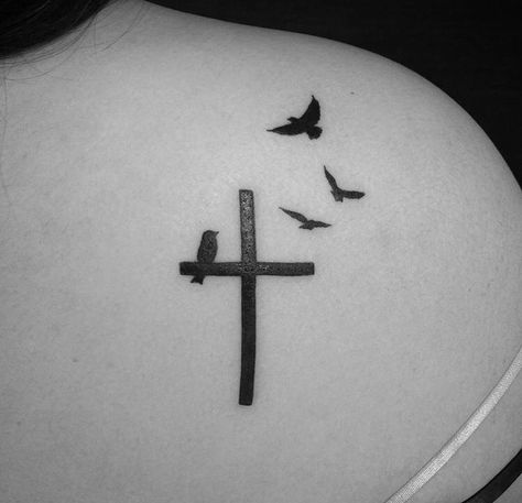 Cross With Birds Tattoos For Women, Cross And Birds Tattoo Ideas, Cross Bird Tattoo, Cross And Bird Tattoo, Cross With Birds Tattoo, Little Cross Tattoos, Moutain Tattoos, Bird Tattoos For Women, Simple Tattoos For Guys