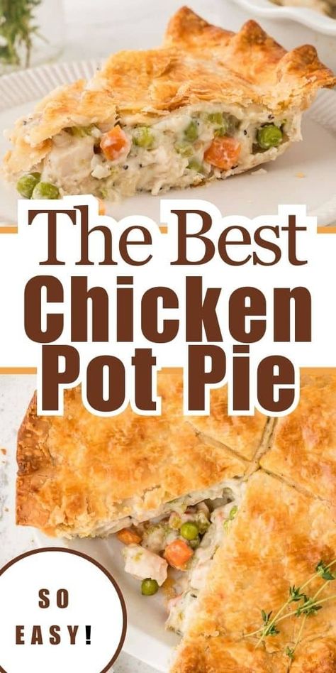 Slice of chicken pot pie showing inside filling, and top of entire pie. Kfc Chicken Pot Pie Recipe, Freezer Casserole, The Best Chicken Pot Pie, Easy Chicken Pot Pie Recipe, Creamy Chicken Pot Pie, Best Chicken Pot Pie, Pot Pie Casserole, Chicken Pot Pie Filling, Chicken Pot Pie Casserole