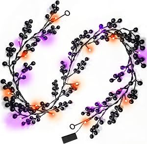 [Dual Color Lights & Timer] 5.8 Ft 20 LED Halloween Garland Decorations Black Berried Garlands with Purple Orange Lights Battery Operated Halloween Decorations for Home Table Mantle Fireplace Indoor Orange Black Purple Green Halloween Decor, Fireplace Indoor, Lighted Garland, Mantle Fireplace, Halloween Fireplace, Glow Halloween, Black Berries, Christmas Cocktail Party, Color Lights