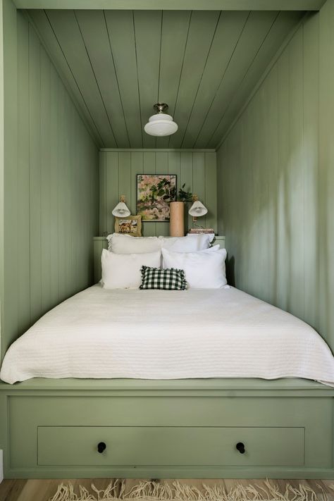 Closet Bed Nook, Mini Bunk Bed, Alcove Bed, Sleeping Nook, Bed Nook, Bedroom Nook, Built In Bed, Sage Green Bedroom, Bunk Room