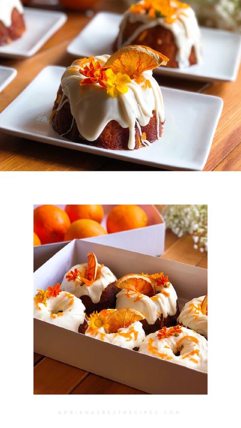 Orange Mini Bundt Cakes, Orange Bundt Cake Decoration, Cake For Sale Ideas, Decorative Bundt Cakes, Beautiful Mini Cakes, Homemade Mini Bundt Cakes, Orange Mini Cake, Cafe Cakes Ideas Coffee Shop, Bundt Cake With Flowers