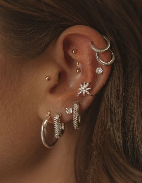 The Studs – Jay Nicole Designs Styled Ear Piercings Silver, All Ear Piercings Chart, Ear Piercing Designs, Different Piercings, Full Ear Piercings, Constellation Piercings, Ear Peircings, Piercings Ideas, Cool Ear Piercings