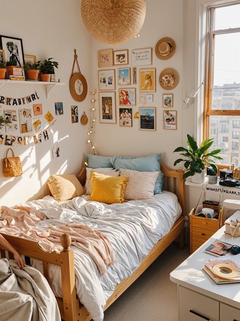 Room Bed Inspiration, Bedroom Decor With Windows, Room Decor Bedroom Yellow, Yellow Dorm Room Aesthetic, Retrocore Room, Nature Dorm Room Aesthetic, Fun College Dorm Room Ideas, Yellow Wall Room Decor, Dorm Decor Ideas Wall Decorations