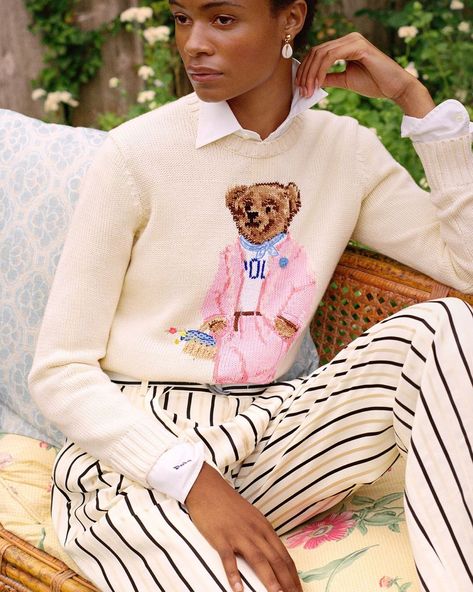 Polo Ralph Lauren on Instagram: “Donning a breezy suit with a floral-filled picnic basket, our iconic #PoloBear returns for the season on our Picnic Polo Bear Sweater.…” Polo Bear Sweater, Best Clothing Brands, Ralph Lauren Womens Clothing, Polo Shirt Outfits, Bear Sweater, Best Clothing, Polo Ralph Lauren Women, Ralph Lauren Style, Polo Bear