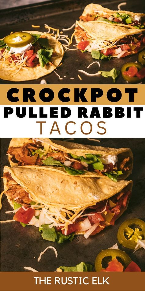 This simple slow cooker rabbit tacos recipe comes together quickly and easily and results in tender, flavorful pulled rabbit perfect for taco night! Taco tuesday recipe | easy dinner recipe | rabbit recipe | cooking rabbit | wild game recipe | crockpot recipe Shredded Rabbit Recipes, Quick Thursday Dinner Ideas, Homestead Dinner Recipes, Ground Rabbit Recipes, Rabbit Recipes Crockpot, Whole Rabbit Recipes, Rabbit Recipes For Dinner, Crock Pot Rabbit Recipes, Rabbit In Crockpot Easy Recipes