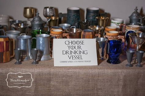 Game of Thrones wedding - Choose your drinking vessel, our favors. They were all pewter and ceramic mugs, steins, and goblets found at thrift stores #GameofThrones #wedding #GameofThronesWedding #HammondCastle #Gloucester #ASongofIceandFire 30th Birthday Party Games, Medieval Wedding Theme, Lotr Wedding, Hobbit Party, Viking Party, Nordic Wedding, Dragon Wedding, Nerd Wedding, Game Of Thrones Party