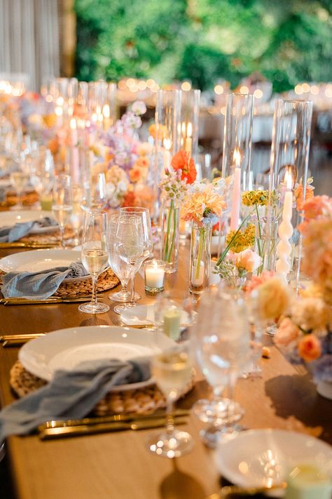 Whimsical Summer Wedding at The Mansion at Natirar | Maggie + Ty Dreamy Wedding Tablescape, Timeless Whimsical Wedding, Wedding Small Vases Flowers, Whimsical Garden Wedding Florals, Whimsical Wedding Mood Board, Elegant Whimsical Wedding Decor, Chic Colorful Wedding, Italian Vineyard Wedding Aesthetic, Wedding Aesthetic Summer