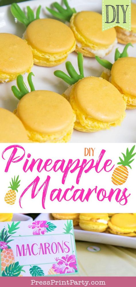 PINEAPPLE MACARONS DIY - Create a fun pineapple themed treat for your luau birthday party. Great dessert Recipe link made with almond flour. Perfect for a baby shower or a bridal shower. French Macarons recipe. Party like a pineapple. #pineapple #party #decorations #kidsbirthday #birthdayparty #luau #pressprintparty #pineappleparty #cake #macarons #french #almondflour #diy #recipe Pineapple Macarons, Cake Macarons, French Macarons Recipe, Macarons Recipe, French Party, Pineapple Party, Macaron Flavors, Macaron Cookies, Luau Birthday Party