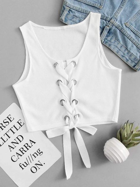 Lace Up Crop Top, Diy Vetement, Trendy Fashion Tops, Crop Top Outfits, Cute Crop Tops, Lace Crop Tops, Eyelet Lace, White Sleeveless, Girls Fashion Clothes