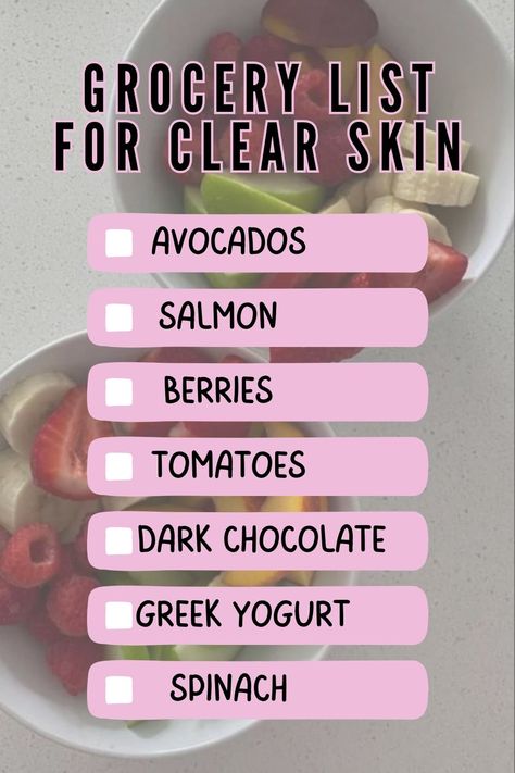 Grocery list for clear skin Foods For Skin, Best Foods For Skin, Clear Skin Routine, Hydrate Your Skin, Skin Diet, Clear Glowing Skin, Clear Skin Tips, Fatty Fish, Healthy Sweets Recipes