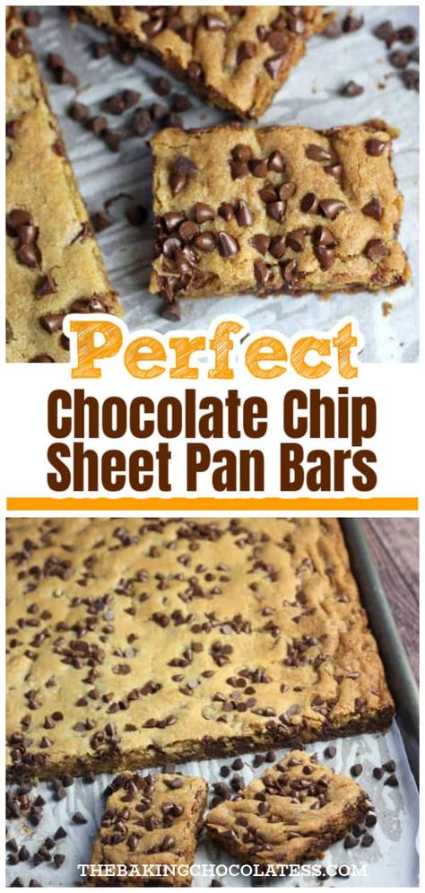 Perfect Chocolate Chip Cookie Bars The Best Chocolate Chip Cookie Bars, Chocolate Chip Sheet Cookie, Sheet Cake Cookie Bars, Choc Chip Bars Easy, Half Sheet Pan Bars, Choco Chip Cookie Bars, Recipes Using Semi Sweet Chocolate Chips, Chocolate Chip Cookie Squares, Chocolate Chunk Cookie Bars