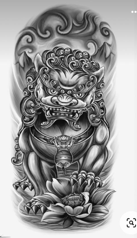 Chinese Fu Dog Tattoo, Japanese Foo Dog Tattoo Design Sleeve, Chinese Foo Dog Tattoo Design, Foo Dog Tattoo Design Forearm, Foo Dog Half Sleeve Tattoo, Foo Dogs Tattoo Design, Chinese Lion Tattoo Design, Foo Dog Tattoo Design Sleeve, Female Foo Dog Tattoo