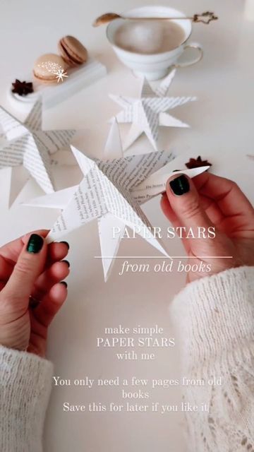 Erika 🇩🇪 on Instagram: "Have you ever tried making stars 🌟out of old books? My grandma used to tell me that when they were kids they rarely had paper to do crafts with. Christmas decorations were made from newspaper or old books .. These are lovely memories .. and simple ideas . #christmasstar #stern #basteln #papierstern #crafting #christmasdecor #christmasdiy #upcyclingideas #upcycling #recycling #weihnachtsdeko #jul #decorazioni #manual #lowbudget #noël #adventsbasteln #selbstgemacht #etoi Bookish Christmas, Upcycling Recycling, Do Crafts, Snow Flakes Diy, Book Page Crafts, Wrap Ideas, Crafts Paper, Diy Garland, Paper Stars