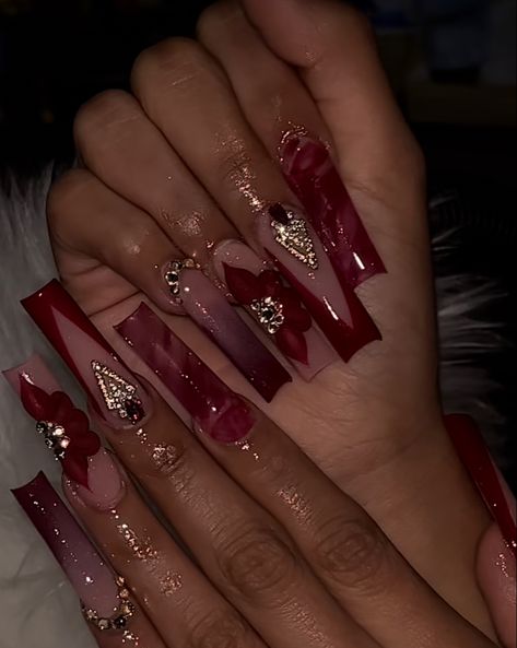 Latina Valentines Nails, Red Burgundy Nails Acrylic, Birthday Nails Burgundy, Long Acrylic Nails Burgundy, Red Nails Mexican, Red And Champagne Nails, Burgundy Bridesmaid Nails, Red And Gold Acrylic Nails Designs, Unique Acrylic Nails Red