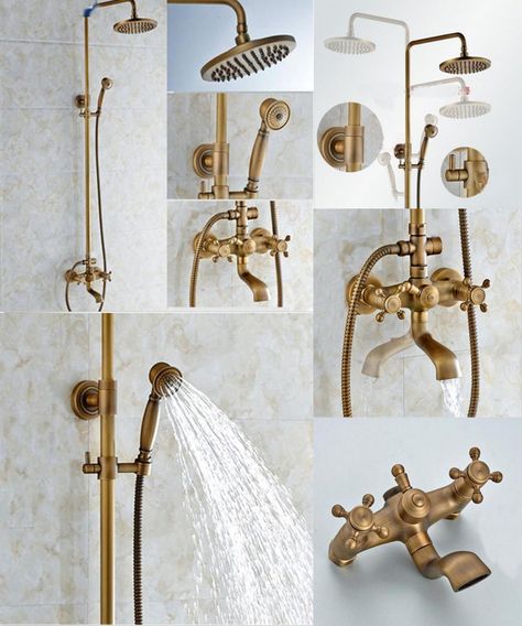 [Visit to Buy] Wall Mounted Round Rain Shower Head Tub Spout Hand Sprayer Mixer Antique Brass #Advertisement Vintage Bathroom Remodel, Half Bathroom Remodel, Basket Shelf, Led Faucet, Bathroom Shower Faucets, Modern Bathroom Remodel, Shower Fixtures, Brass Shower, Shower Faucet Sets