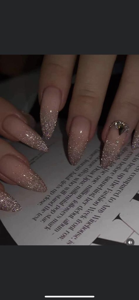 Wedding Nail Extensions, Sparkly Nail Inspo Almond, Natural Ombre Nails With Glitter, Birthday Nails For December, Sparkly Ombre Nails Almond, Christmas Nails Ombre Glitter, Birthday Nails Almond Glitter, Glitter Fade Nails Ombre, October Birthday Ideas For Women