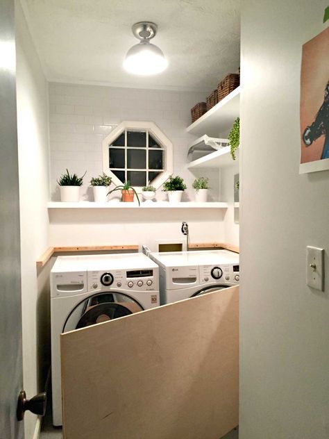 Diy Plywood Countertop, Laundry Room Makeover Diy, Plywood Countertop, Laundry Room Countertop, Laundry Room Storage Shelves, Kitchen Remodel Countertops, Small Laundry Room Organization, Room Storage Diy, Kitchen Design Diy