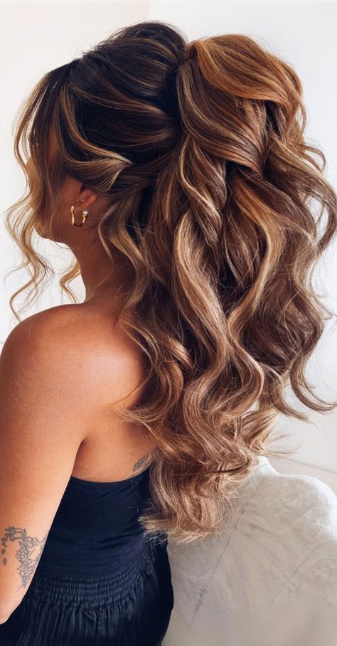 Half Up Half Down Wedding Hair High Pony, Wedding Upstyles For Long Hair, Half Up Half Down Wedding Hair With Curtain Bangs, Wedding Hairstyles Long Fine Hair, Glam Half Up Half Down Wedding Hair, Wedding Guest Hairstyles Blonde, Half Up Dos For Long Hair Formal, Winter Wedding Hairstyles Bridesmaid, Formal Hair With Braid