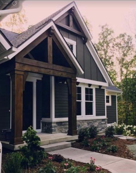 Dark Grey House Exterior, Dark Gray House Exterior, Gray House Exterior, Siding Ideas, Lake Houses Exterior, House Paint Color Combination, Porch Remodel, House Exterior Ideas, Gray House