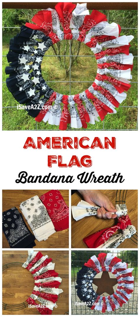 Bandana Flag, Bandana Wreath, American Flag Bandana, Diy Home Interior, American Flag Wreath, Flip Flop Wreaths, Flag Wreath, Blue Bandana, Magic Spell Book