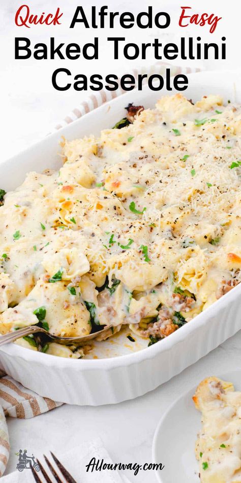 Easy Cheesy Alfredo Baked Tortellini Casserole Baked Tortellini Casserole Alfredo, Baked Alfredo Tortellini, Tortellini Baked Casserole, Tortellini Lasagna Bake, Tortellini Casserole Recipes, Alfredo Tortellini Bake, Tortellini Alfredo Bake, Baked Alfredo, Baked Tortellini Recipes