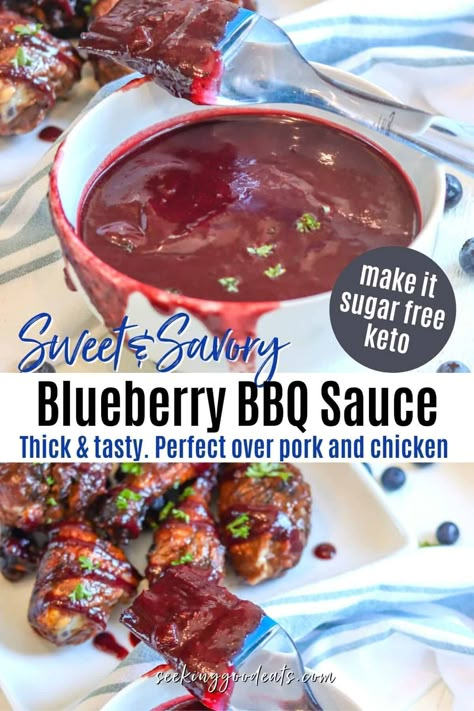 Slather up your favorite roasted or grilled chicken or pork with this tasty sweet and savory mildly spicy barbecue sauce! Blueberry Bbq Sauce, Chicken Bacon Sandwich, Grilled Chicken Drumsticks, Keto Bbq Sauce, Cookout Recipes, Barbecue Recipe, Keto Bbq, Bbq Sauce Chicken, Barbecue Sauce Recipes