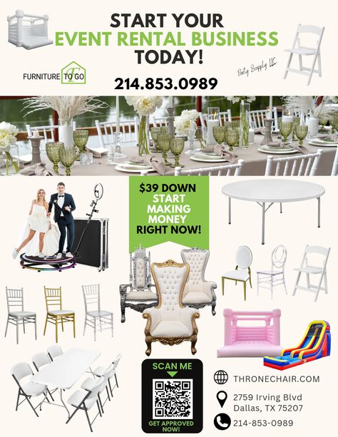 Furniture To Go - START YOUR EVENT RENTAL BUSINESS TODAY... Business Event Table Decor, How To Start Event Decorating Business, How To Start A Decorating Business, Equipment Rental Business, How To Start A Party Rental Business, Event Decorator Business, Wedding Rental Business Ideas, Event Rental Ideas, Unique Party Rental Ideas