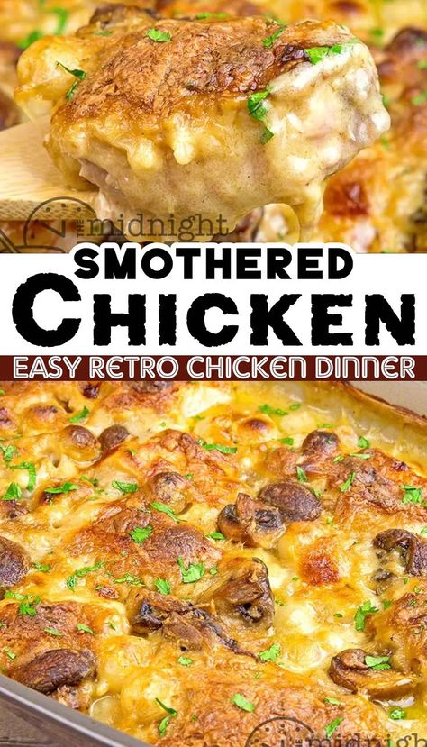 Looking to make smothered chicken recipe just like your Grandma used to make?! This easy chicken dinner is so easy to make using simple ingredients. It's not just a dish, it's an experience that brings back the warmth, love of the 1950s kitchen - when families bonded over deliciously hearty meals. Vintage Chicken Recipes, Heavenly Chicken Recipe, Smothered Chicken Recipe, Plain Chicken Recipe, Baked Meat, Easy Chicken Dinner, 1950s Kitchen, Smothered Chicken, Chicken Dish