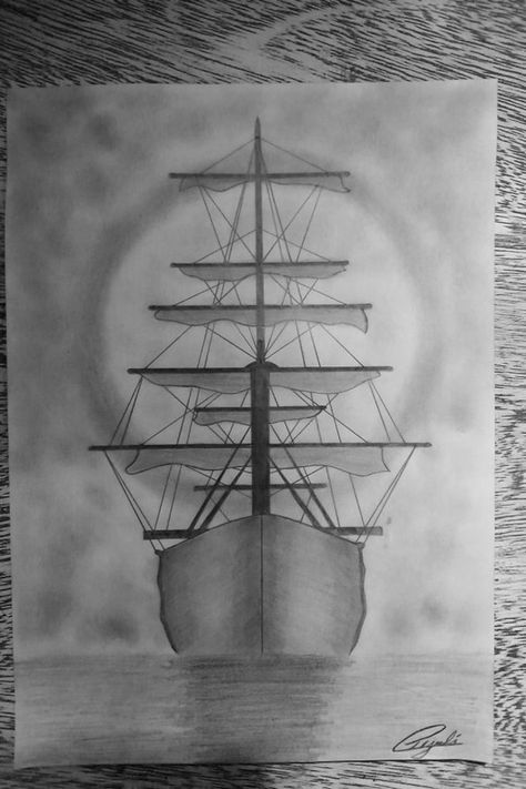 Simple Ship Drawing, How To Draw A Ship, Pirate Ship Drawing Sketches, Hard Drawings Pencil, Ship Sketch Simple, Pirate Drawing Sketches, Pirate Boat Drawing, Ship Pencil Drawing, Beach Scene Sketch