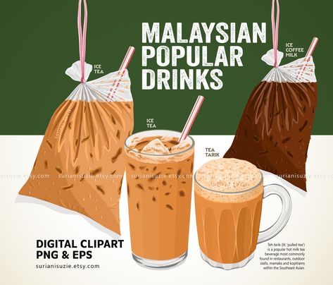 Kopi Ais, Teh Tarik, Iced Tea Drinks, Food Doodles, Food Template, Popular Drinks, Food Painting, Malaysian Food, Poster Drawing