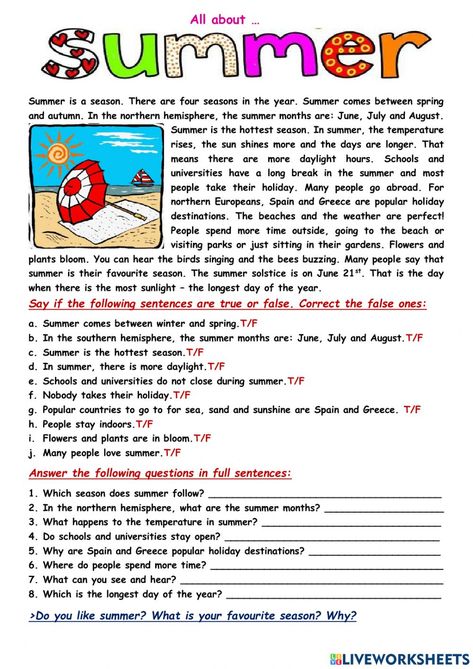 Reading Comprehension Grade 4 Worksheets, Summer Reading Worksheets, Reading And Comprehension Worksheets, Reading Comprehension Grade 5, Grade 5 Reading Comprehension Worksheets, Reading Worksheets For Kids, Grade 4 Reading Comprehension Worksheets, Summer Worksheets For Kids, About Summer