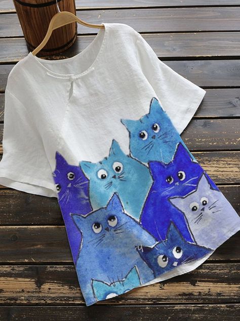 Silhouette Chat, Återvinna Jeans, Fabric Painting On Clothes, Paint Shirts, White Top Women, T Shirt Painting, Painted Clothes, Animal Shirts, Online Tops