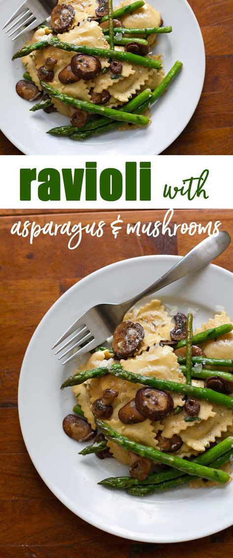 20-Minute Ravioli with Asparagus and Mushrooms #pasta #ravioli #asparagus #mushrooms #dinner #recipes #easy Ravioli With Asparagus, Mushrooms Pasta, Asparagus And Mushrooms, Ravioli Recipe, Asparagus Recipe, Quick Dinner Recipes, Meatless Meals, Tortellini, Quick Dinner