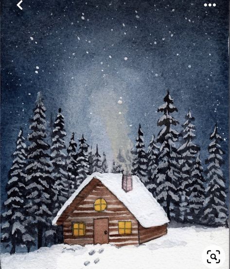 Wood Cabin Christmas, Snow Cabin Painting, Christmas Paintings Landscape, Winter Cabin Art, Cabin In The Woods Painting Easy, Christmas Drawing Landscape, Winter Cabin Watercolor, Winter Painting On Canvas, Christmas Cottage Painting