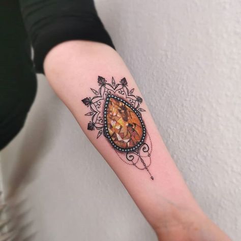 Stone Tattoo, Gem Tattoo, Citrine Birthstone, Sternum Tattoo, Body Is A Temple, Family Tattoos, Citrine Stone, Tattoo Placement, Tattoo Photo