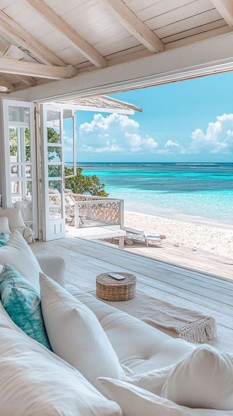 Beach Life | A quiet living room on the seashore with a calm atmosphere with soft white and blue colors, | Facebook Beachfront House, Luxury Beach House, Beachfront Home, Dream Life House, Dream Beach Houses, Living Room Decor Ideas, Dream Beach, Room Decor Ideas, Beach Living