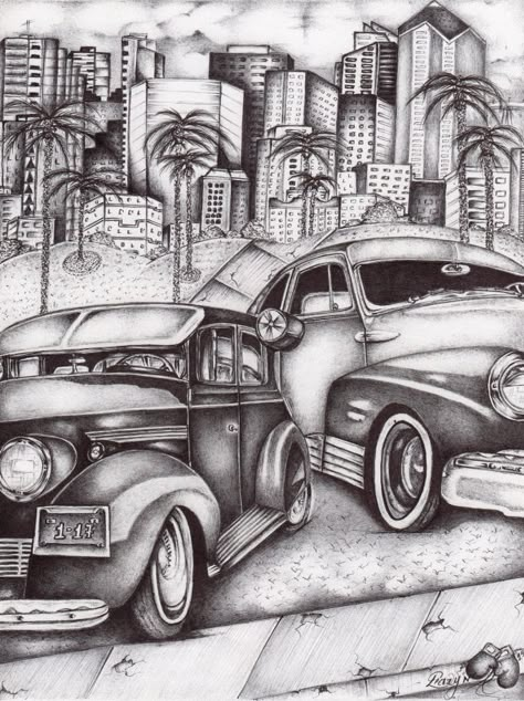 Lowriders Drawings, Low Rider Drawing, Lowrider Art Drawings, Low Rider Drawings, Lowrider Art Tattoo, Classic Cars Drawing, Lowrider Tattoo Cars, Low Rider Art Drawing, Lowrider Art Drawings Sketches