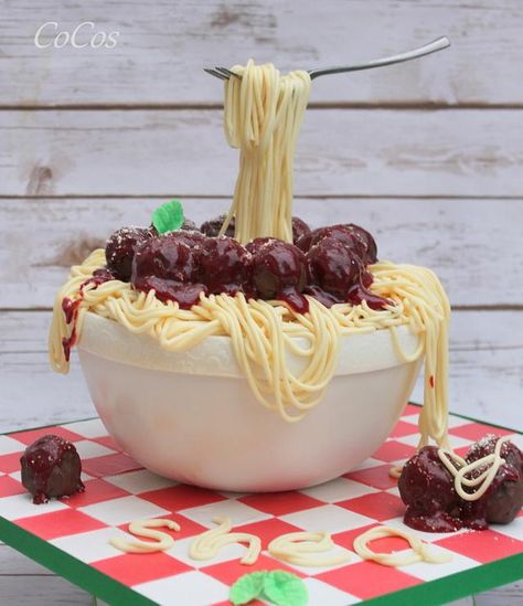 A carved bowl sponge cake with fondant spaghetti and rice krispie treat meatballs .The sauce was raspberry jam and buttercream Spaghetti Cake, Cakes That Look Like Food, Anti Gravity Cake, Cheese And Chocolate, Pasta Cake, Fiesta Cake, Gravity Defying Cake, Carved Bowl, Realistic Cakes