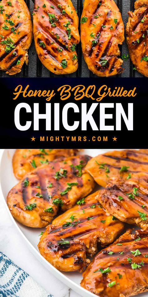 Delicious bites of tangy, honey-sweetened, juicy chicken grilled to perfection. With a smokey, tangy and sweet flavor, this honey BBQ grilled chicken makes for a tasty dinner whether it's a weeknight or you're hosting a backyard barbecue. Pairs well with mac and cheese, pasta salad, broccoli salad or slaw. Great for a quick, easy and delicious chicken to serve a crowd. Marinate for maximum flavor. Add this to your summer grill list! Honey Bbq Grilled Chicken, Bbq Chicken Breast Grill, Bbq Meals Ideas Summer, Grilling Recipes Easy, Bbq Chicken Breast Recipes, Chicken Breast Recipes Grilled, Honey Grilled Chicken, Barbecue Chicken Recipe, College Cooking