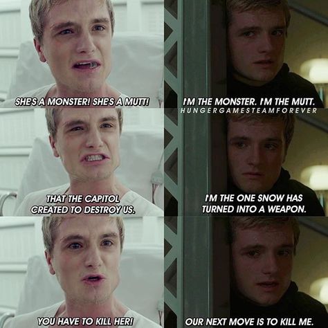 Poor Peeta, I honestly feel bad for him. The only thing that wasn't broken was his mind until the Capitol got ahold of it Peeta Mockingjay, Gale Hunger Games, Divergent Hunger Games, Hunger Games Peeta, Hunger Games Cast, Hunger Games Memes, Hunger Games Quotes, Mockingjay Part 2, Hunger Games Movies