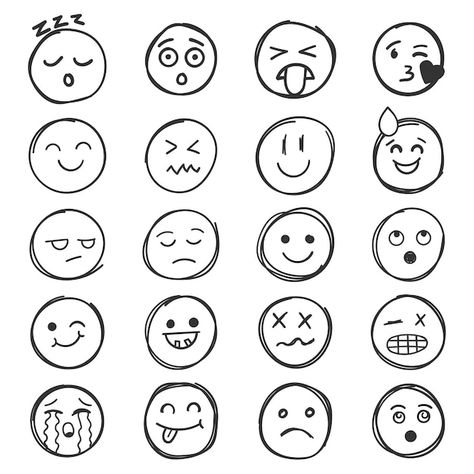 Vector emojis faces icon in hand drawn s... | Premium Vector #Freepik #vector #fun #sign #background #line Face Doodles Simple, Happy Faces Drawings, Goofy Face Drawing, Emoji Faces Drawing, Drawn Emojis, Emojis Faces, Smile Doodle, Happy Face Drawing, Boring Face