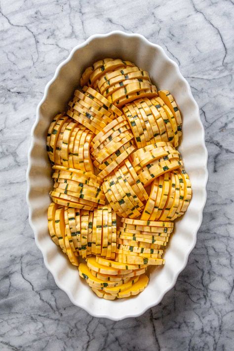 Best Delicata Squash Recipe, Acorn And Delicata Squash Recipe, Delicata Squash Gratin, Delicada Squash Recipes, Delicata Squash Casserole, Squash Dishes Thanksgiving Sides, Keto Delicata Squash Recipe, Jester Squash Recipes, Squash Side Dish Thanksgiving