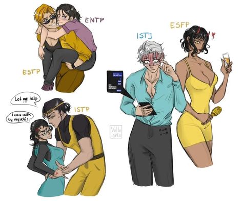 @velle.arts on IG Istp Estj Relationship, Esfp Istj Fanart, Estj Mbti Fanart, Estj Relationship, Istj Esfp, Estj Relationships, Mbti Couples, Istp Istj, Istj Personality