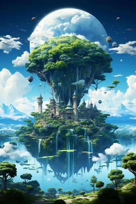 Floating Cities Fantasy Art, Floating Land Fantasy Art, Sky City Fantasy Art, Floating City Fantasy Art, Floating Islands Fantasy Art, Fantasy World Illustration, Fantasy World Art, Floating Landscape, Fantasy Landscape Art