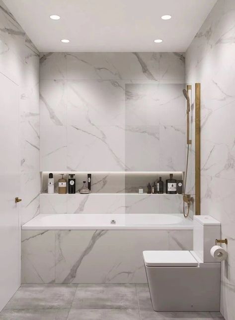 Long Shower Niche, Marble And Gold Bathroom, Modern Marble Bathroom, Gold Bad, Shower Recess, Ideas Baños, White Marble Bathrooms, Marble Showers, Bad Inspiration