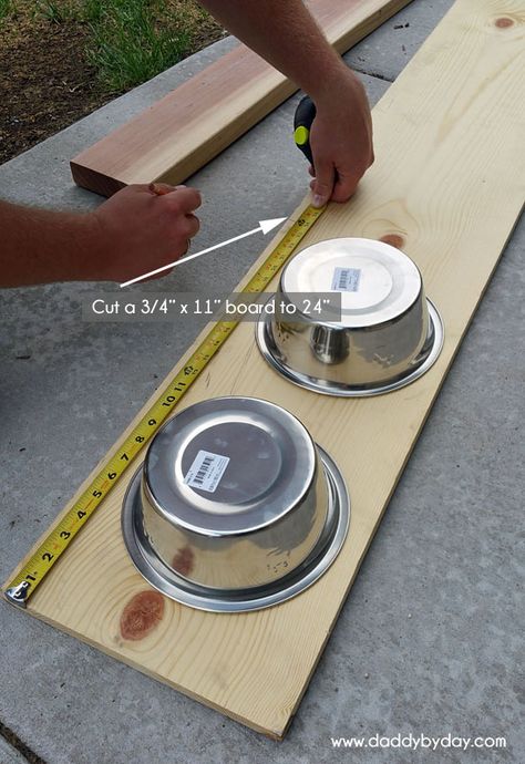 DIY Elevated Dog Bowl Feeder - Daddy by Day Diy Pet Bowl Stand Raised Dog Feeder, Raised Pet Bowls Diy, Diy Dog Food And Water Station, Elevated Food Bowl, Elevated Dog Feeder Diy, Wall Mounted Dog Bowls Diy, Dog Feeders Outdoor, Raised Dog Bowls For Large Dogs Diy, Dog Food Bowl Stand Diy